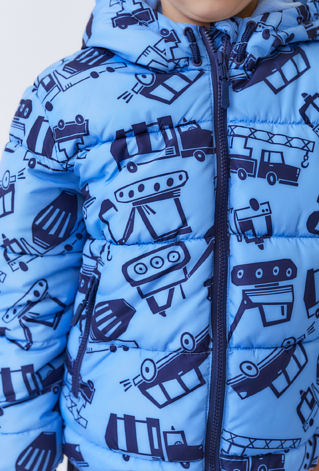 Niebieska kurtka zimowa chłopięca z nadrukiem pojazdów