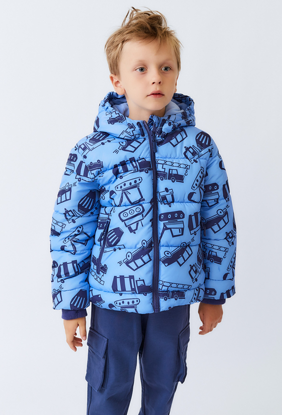 Niebieska kurtka zimowa chłopięca z nadrukiem pojazdów
