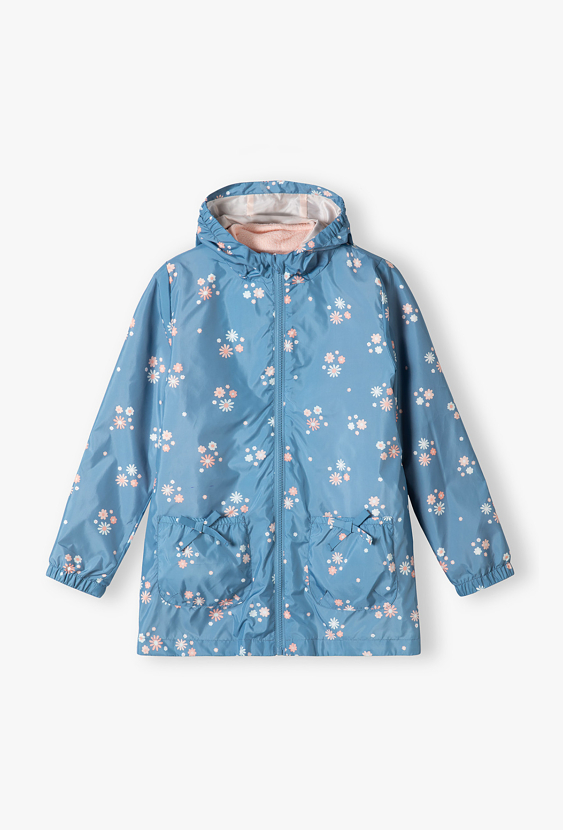 Trencz dziewczęcy z kwiatowym nadrukiem i polarową podszewką