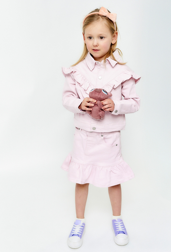 Spódniczka jeansowa dla dziewczynki - różowa z falbaną