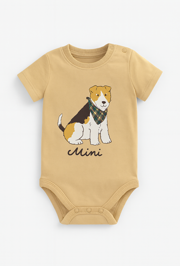 Beżowe body niemowlęce z nadrukiem pieska, krótki rękaw