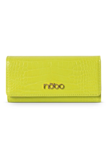 Duży limonkowy portfel damski z motywem croco.