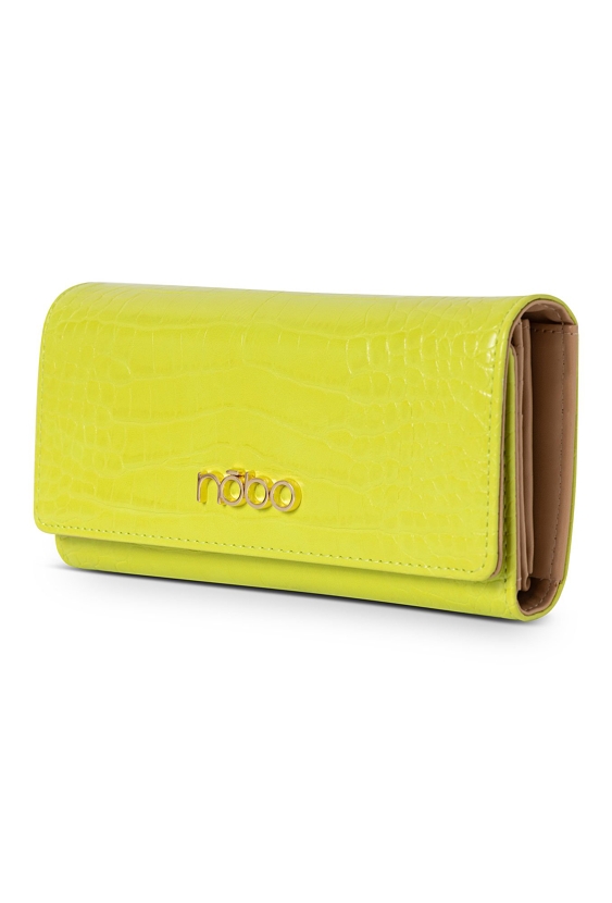 Duży limonkowy portfel damski z motywem croco.