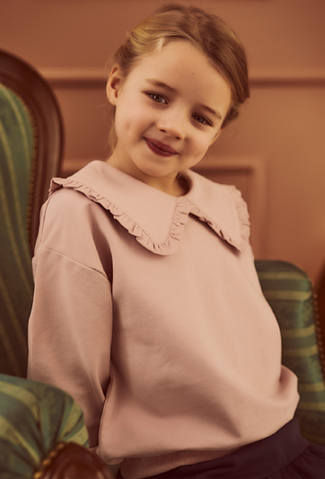 Bluza dziewczęca pudrowy róż z kołnierzem i falbanką