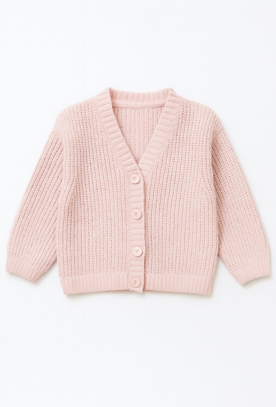 Dzianinowy dziewczęcy sweter rozpinany w kolorze pudrowo różowym