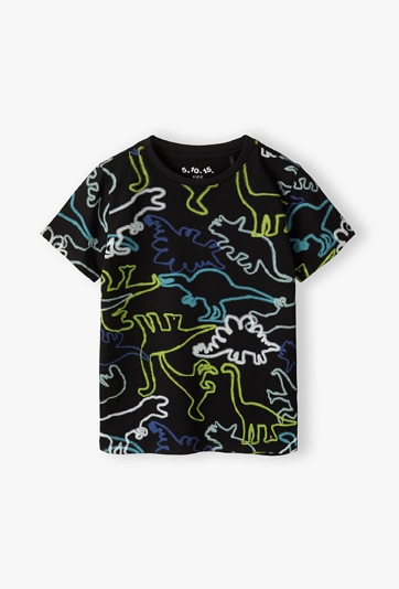 Czarny t-shirt z neonowymi nadrukami dinozaurów