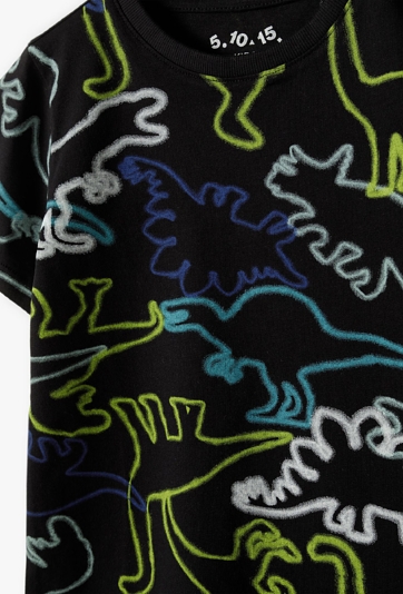 Czarny t-shirt z neonowymi nadrukami dinozaurów