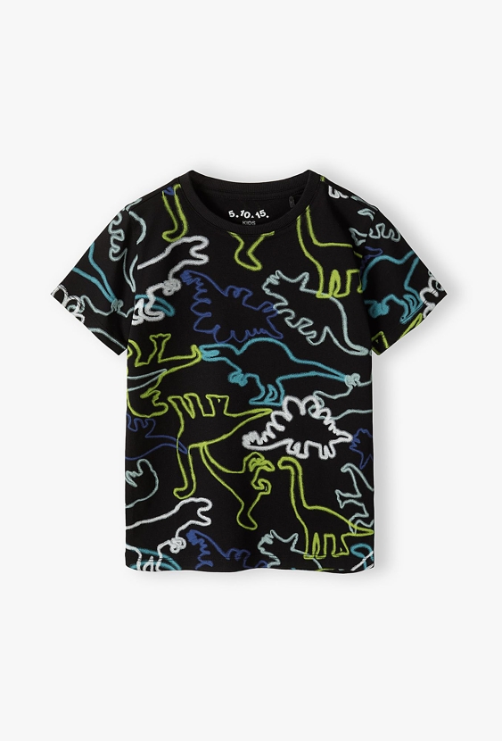 Czarny t-shirt z neonowymi nadrukami dinozaurów
