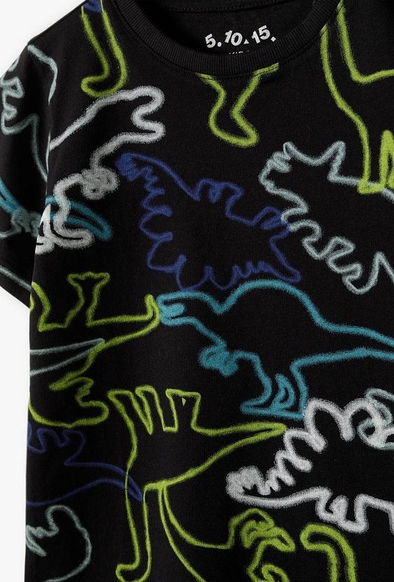 Czarny t-shirt z neonowymi nadrukami dinozaurów