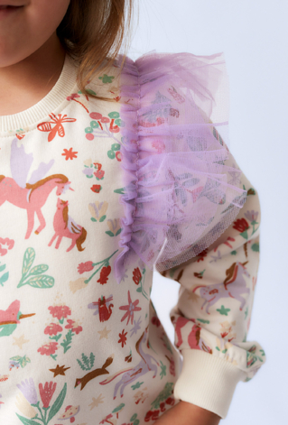 Bluza dziewczęca z nadrukiem jednorożców i tiulowymi falbankami