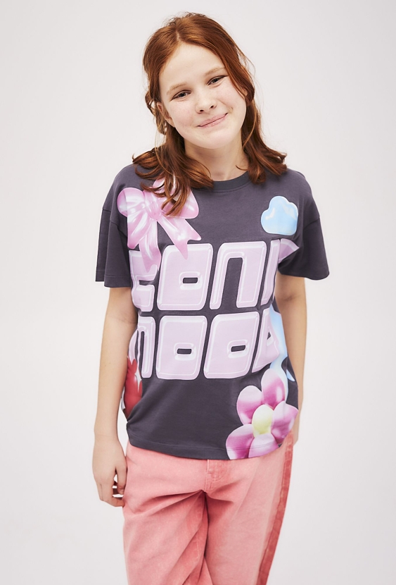Pudełkowy t-shirt dziewczęcy szary z nadrukiem