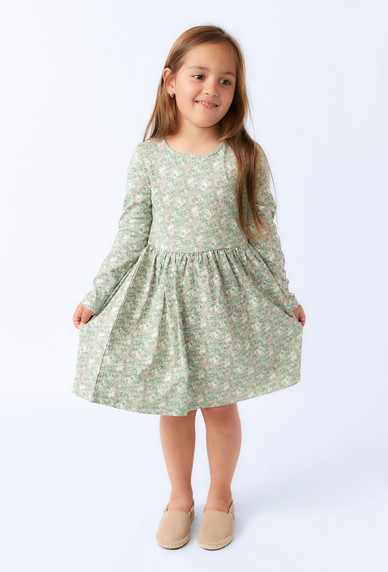 Sukienka dziewczęca z długim rękawem – zielona w kwiatki