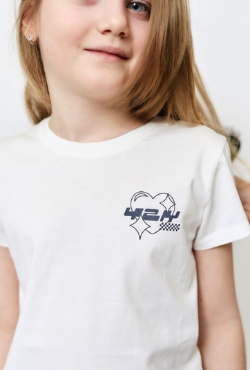 Biały bawełniany t-shirt dziewczęcy z małym nadrukiem