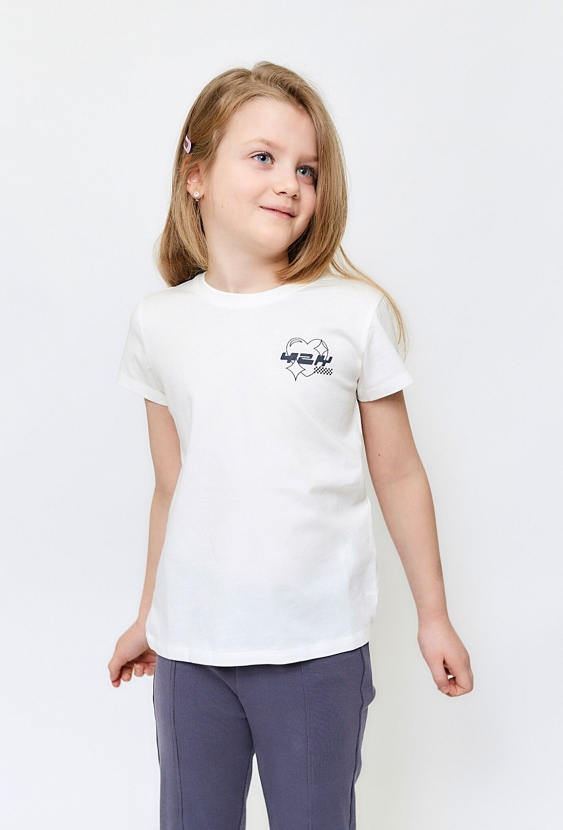 Biały bawełniany t-shirt dziewczęcy z małym nadrukiem