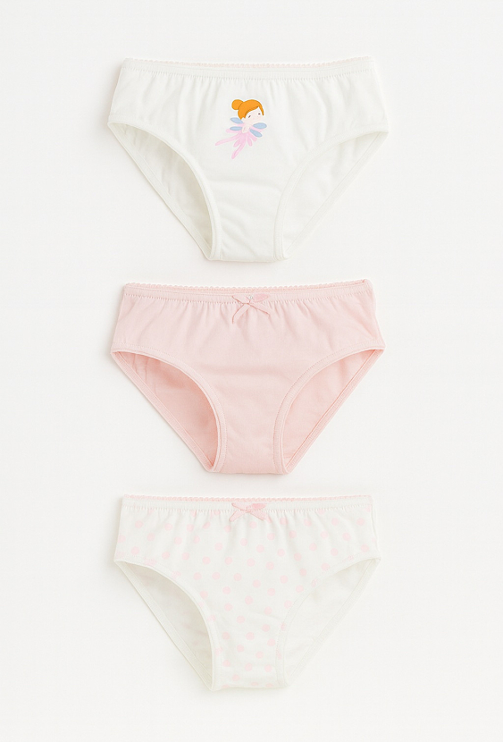 Majtki dziewczęce 3-pak – pastelowe, z nadrukiem i wzorami.