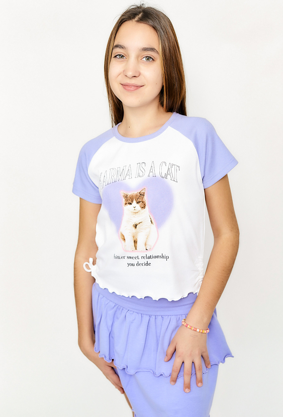 Dwukolorowa koszulka z nadrukiem kotka