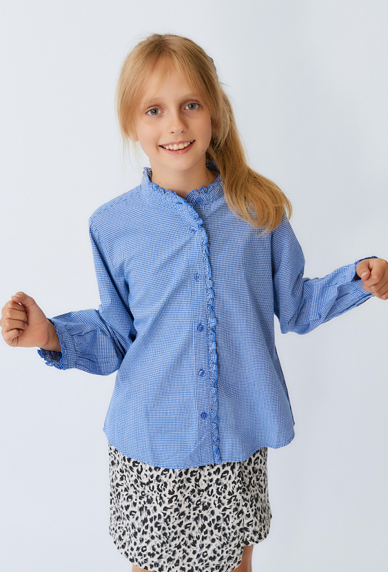 Koszula dziewczęca niebieska w kratę z gumką do włosów.