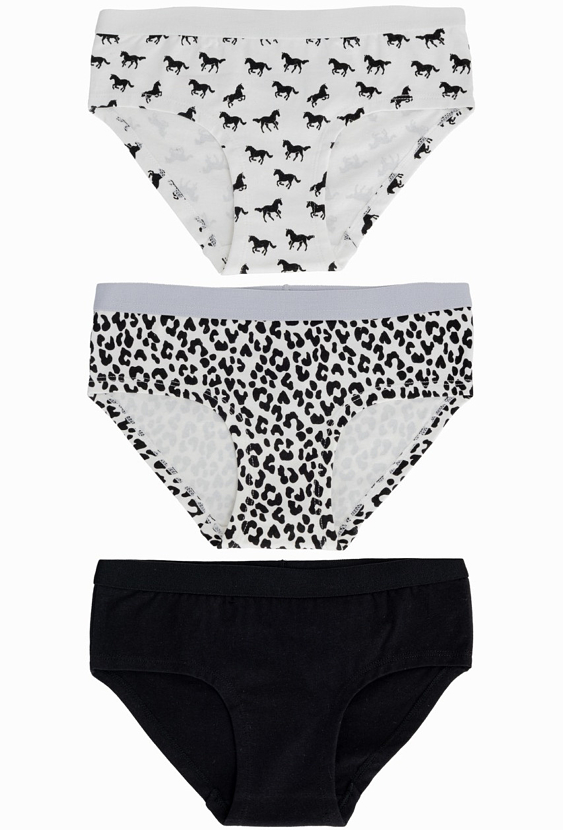 Hipstery dziewczęce 3-pak – konie, panterka, czarne.