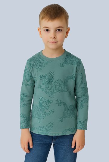Bluzka chłopięca z długim rękawem i nadrukiem smoków – zielona