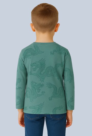 Bluzka chłopięca z długim rękawem i nadrukiem smoków – zielona