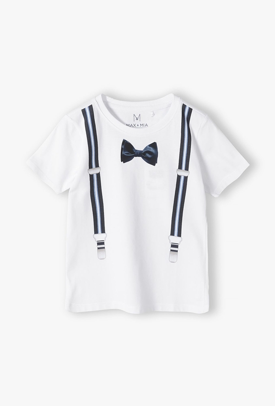 T-shirt biały z imitacją muchy i szelek - Max&Mia