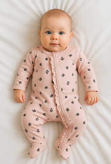 Pajac niemowlęcy dziewczęcy w kwiatki z falbanką