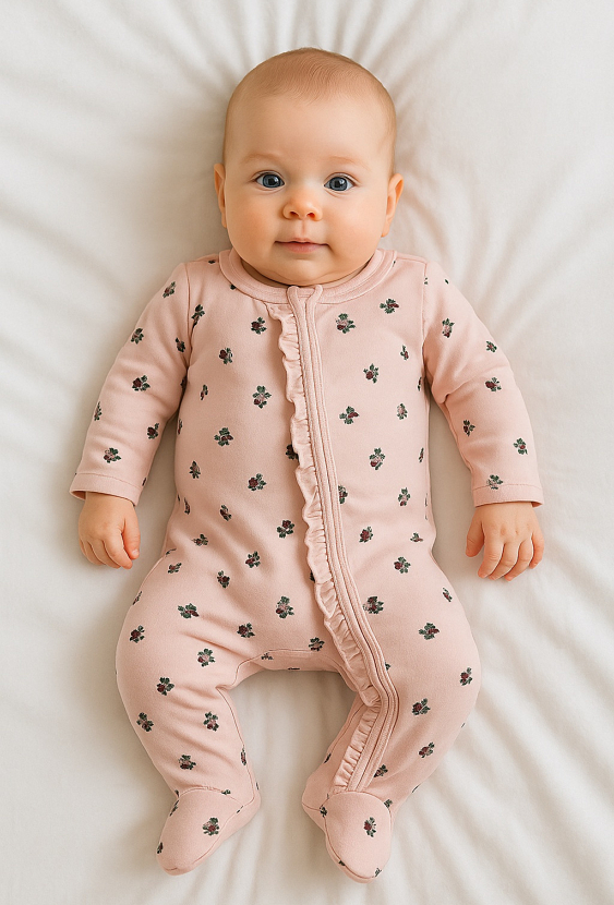 Pajac niemowlęcy dziewczęcy w kwiatki z falbanką