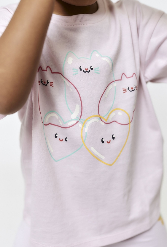 Różowy t-shirt dziewczęcy w kotki i serduszka - 5.10.15