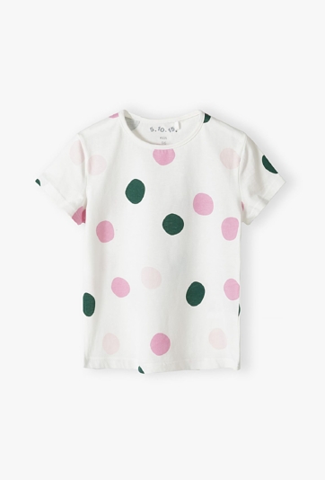 Biały t-shirt dziewczęcy w kolorowe kropki - 5.10.15.