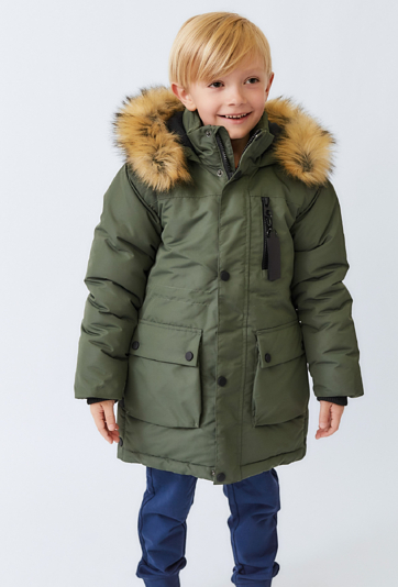 Kurtka zimowa chłopięca khaki- z kapturem i kieszeniami.