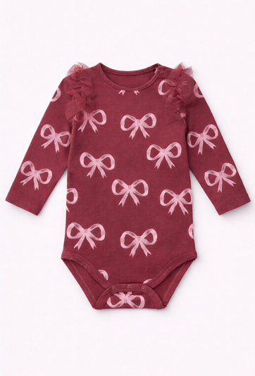 Bordowe body w kokardki z długim rękawem