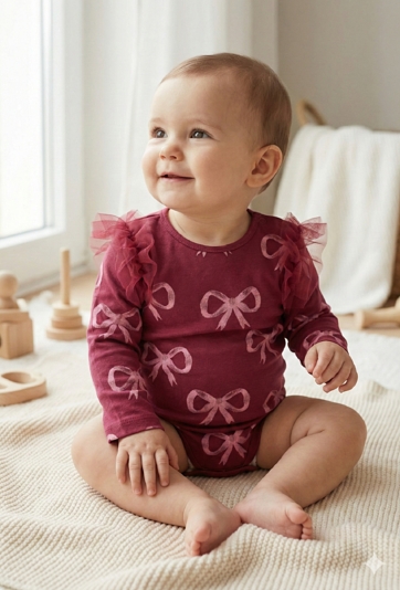 Bordowe body w kokardki z długim rękawem