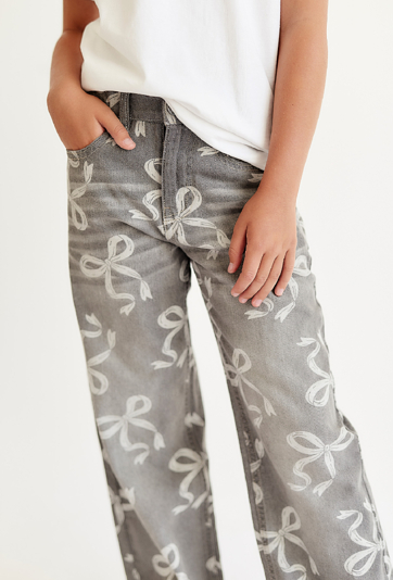 Spodnie jeansowe Wide Leg dla dziewczynki - szare w kokardki