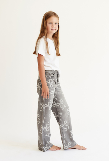 Spodnie jeansowe Wide Leg dla dziewczynki - szare w kokardki