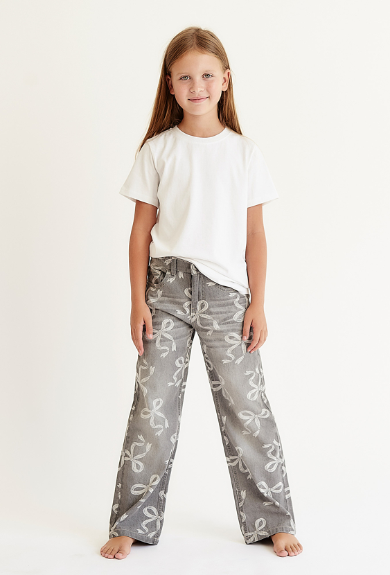Spodnie jeansowe Wide Leg dla dziewczynki - szare w kokardki