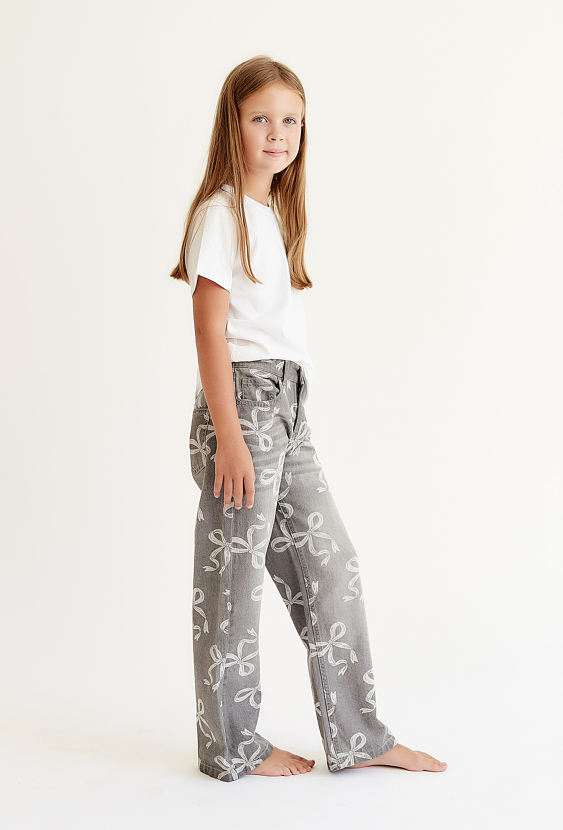 Spodnie jeansowe Wide Leg dla dziewczynki - szare w kokardki