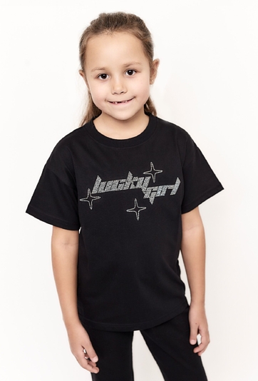 Czarna koszulka dziewczęca z napisem - lucky girl