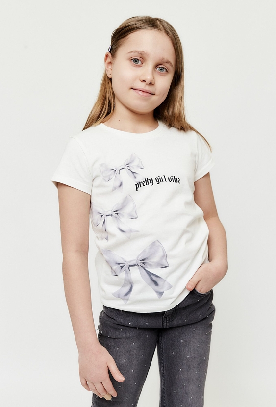 T-shirt  dziewczęcy biały z nadrukiem kokardek