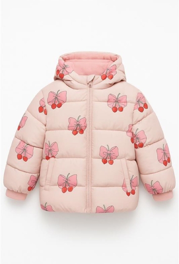 Różowa kurtka zimowa dziewczęca w wiśnie i kokardki