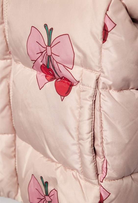 Różowa kurtka zimowa dziewczęca w wiśnie i kokardki