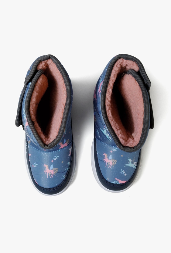 Buty zimowe- śniegowce dla dziewczynki - niebieskie w jednorożce