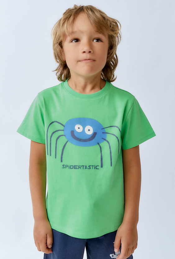 Bawełniany t-shirt dla chłopca - zielony z nadrukiem pająka