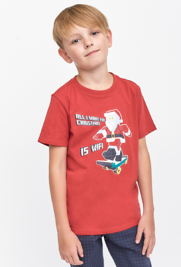 Czerwony t-shirt chłopięcy  z Mikołajem