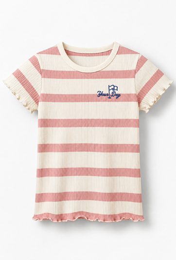 T-shirt dziewczęcy - ecru w różowe paski