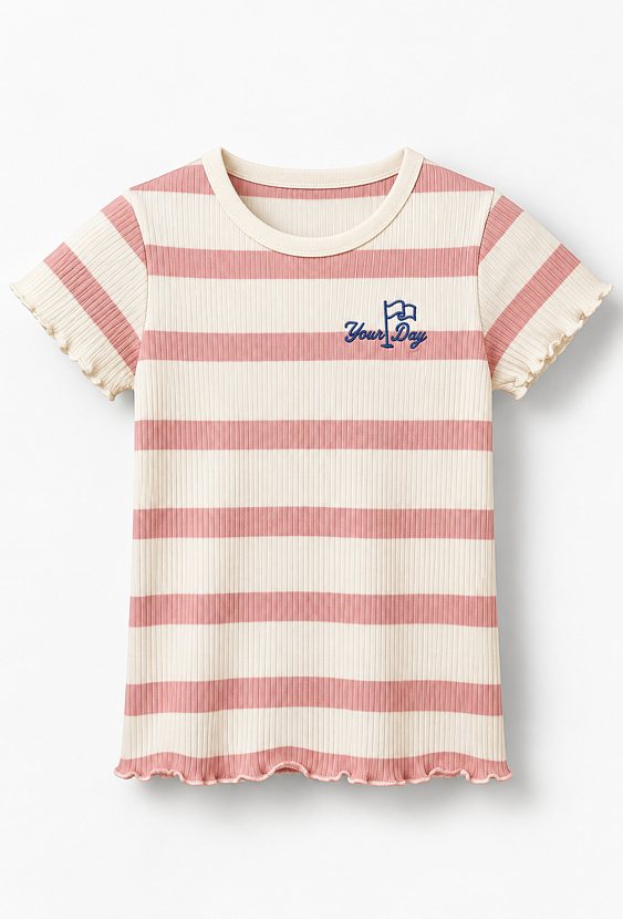 T-shirt dziewczęcy - ecru w różowe paski
