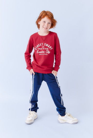 Granatowe spodnie dresowe chłopięce z białymi lampasami