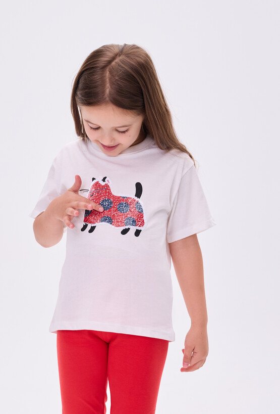 T-shirt dziewczęcy z aplikacją kotka z dwustronnych cekinów