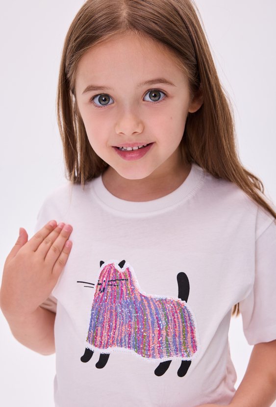 T-shirt dziewczęcy z aplikacją kotka z dwustronnych cekinów