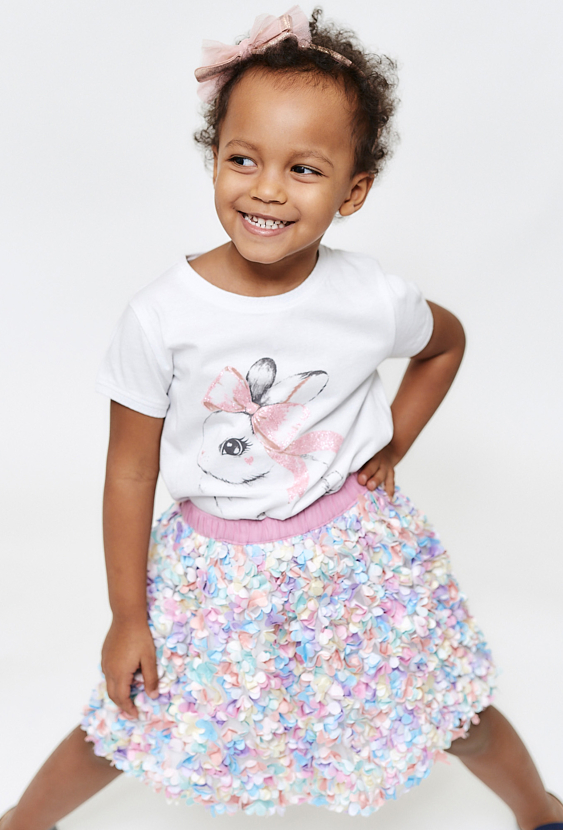 Bawełniany t-shirt dziewczęcy - biały z króliczkiem