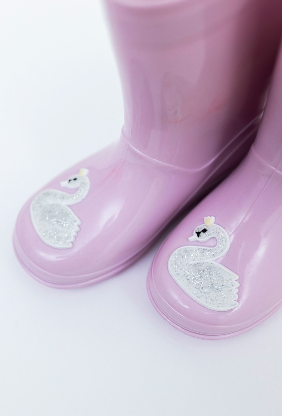 Różowe kalosze dziecięce z brokatowym łabędziem